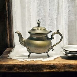 Rare VNTG Footed Ornate Teapot with Handle EPNS Solid Brass Tea Kettle Decor